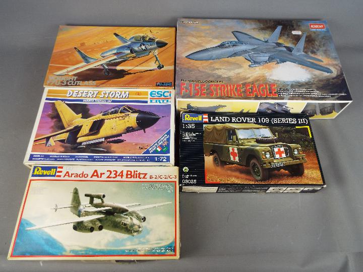 Academy, Revell, Esci, Fujimi - Five boxed plastic model kits in various scales.
