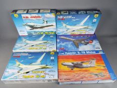 Trumpeter, ICM, Zvezda - Six boxed 1:144 scale plastic model aircraft kits.