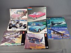 Hobbycraft; Tamiya; Monogram, Revell - Eight boxed plastic model kits in various scales.