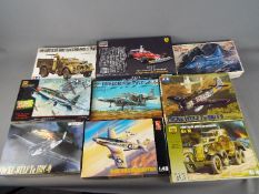 Tamiya, Hasegawa, Pegasus Models, Academy, Other - Nine boxed plastic model kits in various scales.