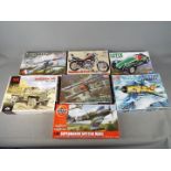 Tamiya, Academy, ICM, Airfix - Seven boxed plastic model kits in various scales.