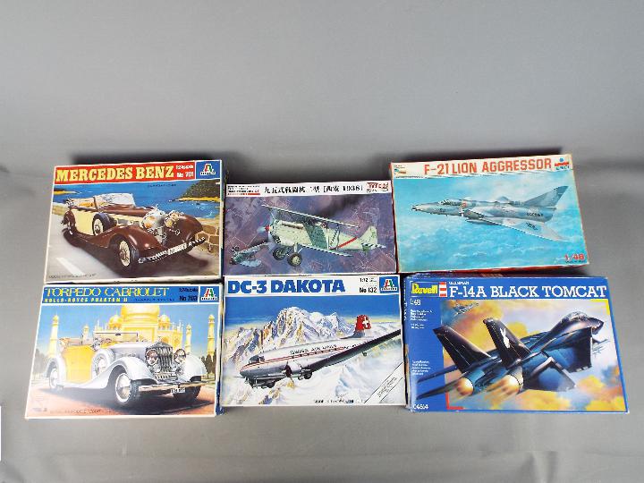 Esci, Italeri, Revell, Fine Models - Six boxed plastic model kits in various scales.