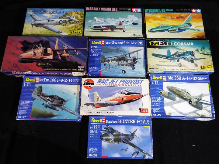 Ten model kits of aeroplanes in varying scales to include Tamiya 1:100 Ilyushin IL-28 Beagle,