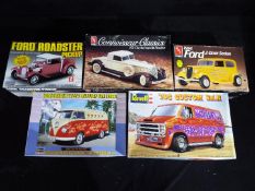 Five boxed model kits in 1:24 and 1:25 scale to include Hasegawa Volkswagen Type 2 Delivery Van