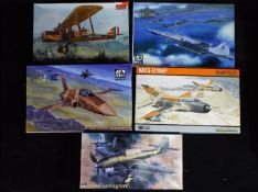 Roden, AFV Club, Eduard, Hasegawa - Five boxed plastic model aircraft kits in various scales.