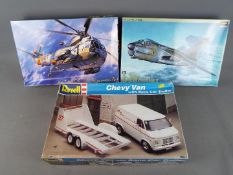 Hasegawa, Revell - Three boxed model kits in 1:24 and 1:48 scale to include an LTV A-7D Corsair II,