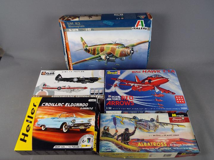 Heller, Italeri, Revell, Monogram, Airfix - Five boxed plastic model kits in various scales.