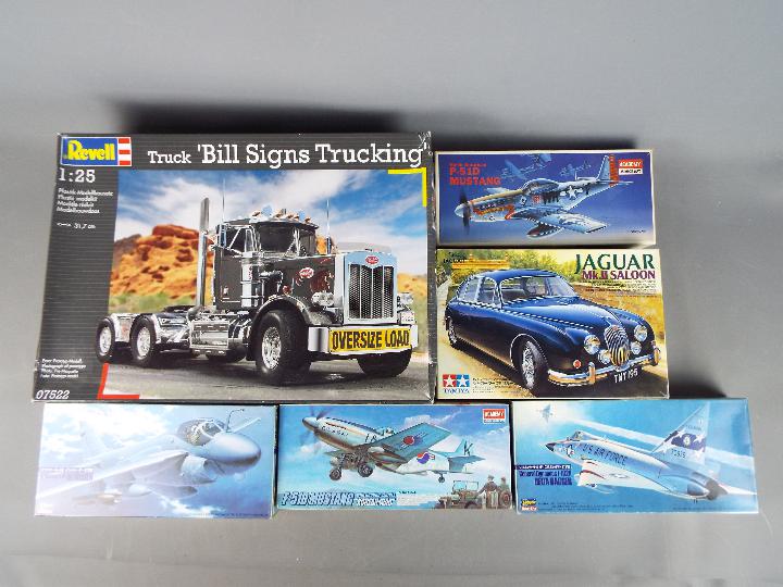 Tamiya, Revell, Hasegawa, Academy - Six boxed plastic model kits in various scales.