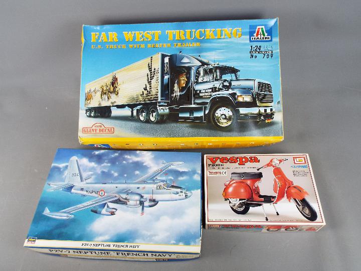 Italeri, Imai, Hasegawa - Three boxed plastic model kits in various scales.