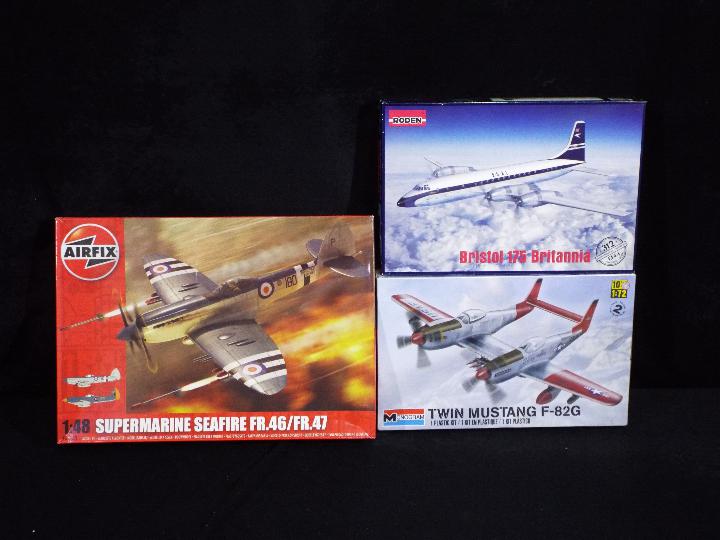 Airfix, Monogram, Roden - Three boxed plastic model kits in various scales.