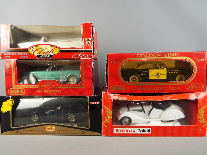 Five 1:18 scale diecast models, predominantly 1:18 scale, Tonka, Maisto, Mira, Majorette,