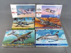 Six boxed model kits by Tamiya and Hasegawa in 1:48 scale to include Douglas F4D-1 Skyray,