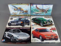 Tamiya - Six boxed model kits by Tamiya in 1:24 and 1:48 scales to include Alfa Romeo GTV,,