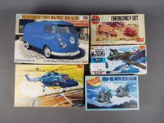 Airfix, Hasegawa Fujimi - Five boxed plastic model kits in various scales.