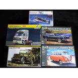 Hasegawa, Revell, Italeri - Five boxed plastic model vehicle kits in various scales.