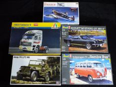 Hasegawa, Revell, Italeri - Five boxed plastic model vehicle kits in various scales.