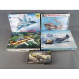 Revell, Hasegawa, Zvezda, Hobby Boss, Heller - Five boxed plastic model kits in various scales.