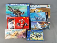 Academy, Revell, Trumpeter; Italeri, Others - Seven boxed plastic model kits in various scales.