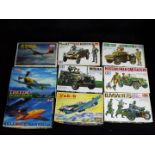 Tamiya, Minicraft, ICM, Hobby Boss, - Nine boxed plastic model vehicle kits in various scales.