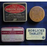 4 OLD VINTAGE ADVERTISING TINS HORLICKS. OVALTINE ETC. STORAGE DISPLAY JOB LOT