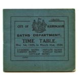 CITY OF BIRMINGHAM BATHS DEPARTMENT BOOKLET 1925