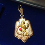 VICTORIAN GOLD PLATED RUBY & SEED PEARL COCKRELL PENDANT