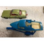 MIXED LOT OF VINTAGE DINKY TOY TRANSPORTER, SPEED BOAT, PETROL PUMPS, 3 CARS