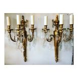 FRENCH EMPIRE STYLE SPELTRE & LEAD CRYSTAL WALL LIGHTS