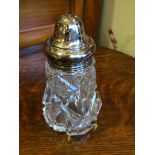 HALLMARKED SILVER TOP CUT GLASS SUGAR SHAKER