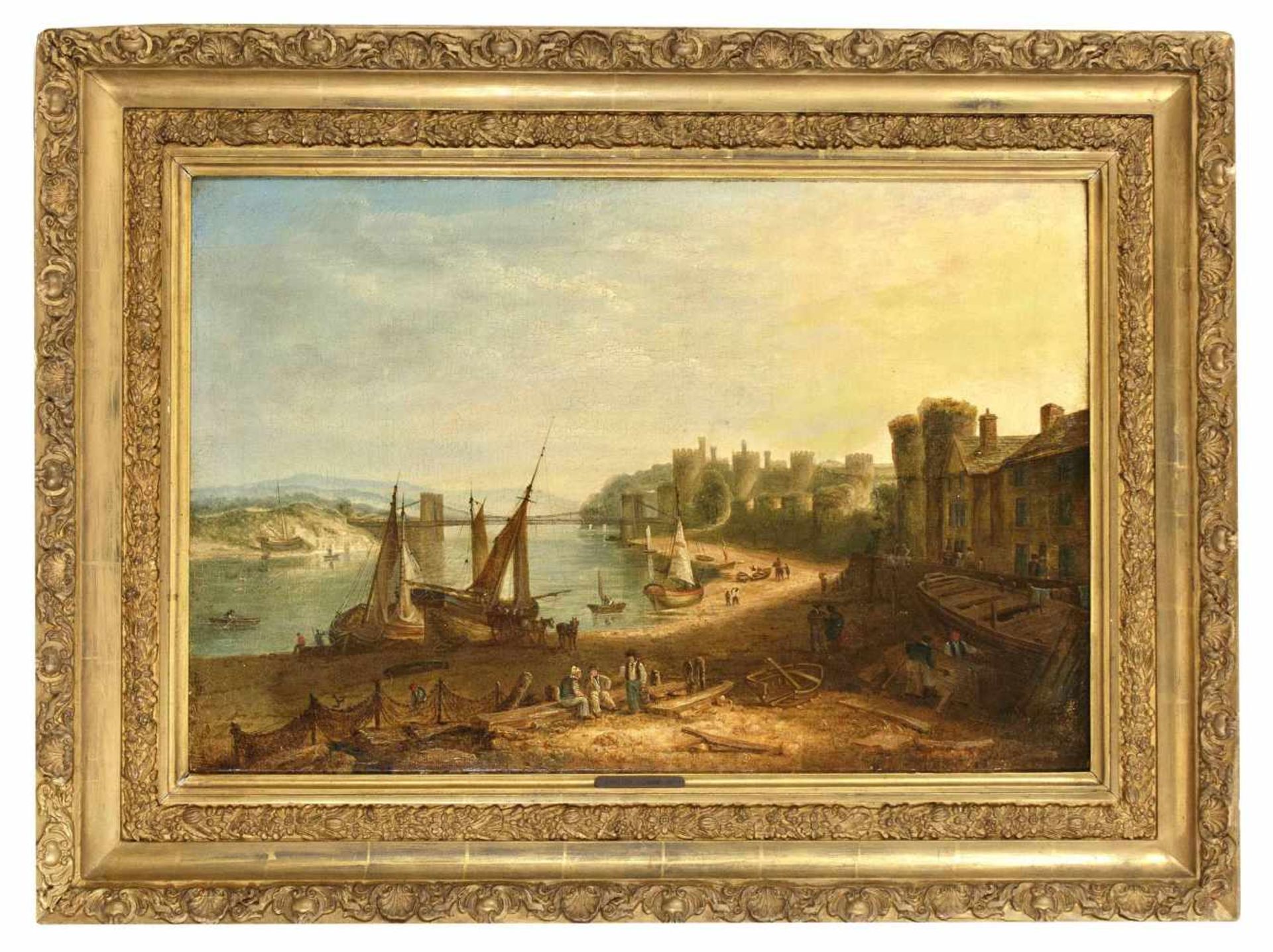Anonymer Maler der Englischen Schule des 19. Jh. Ansicht des Hafens von Conway mit ConwayCastle.