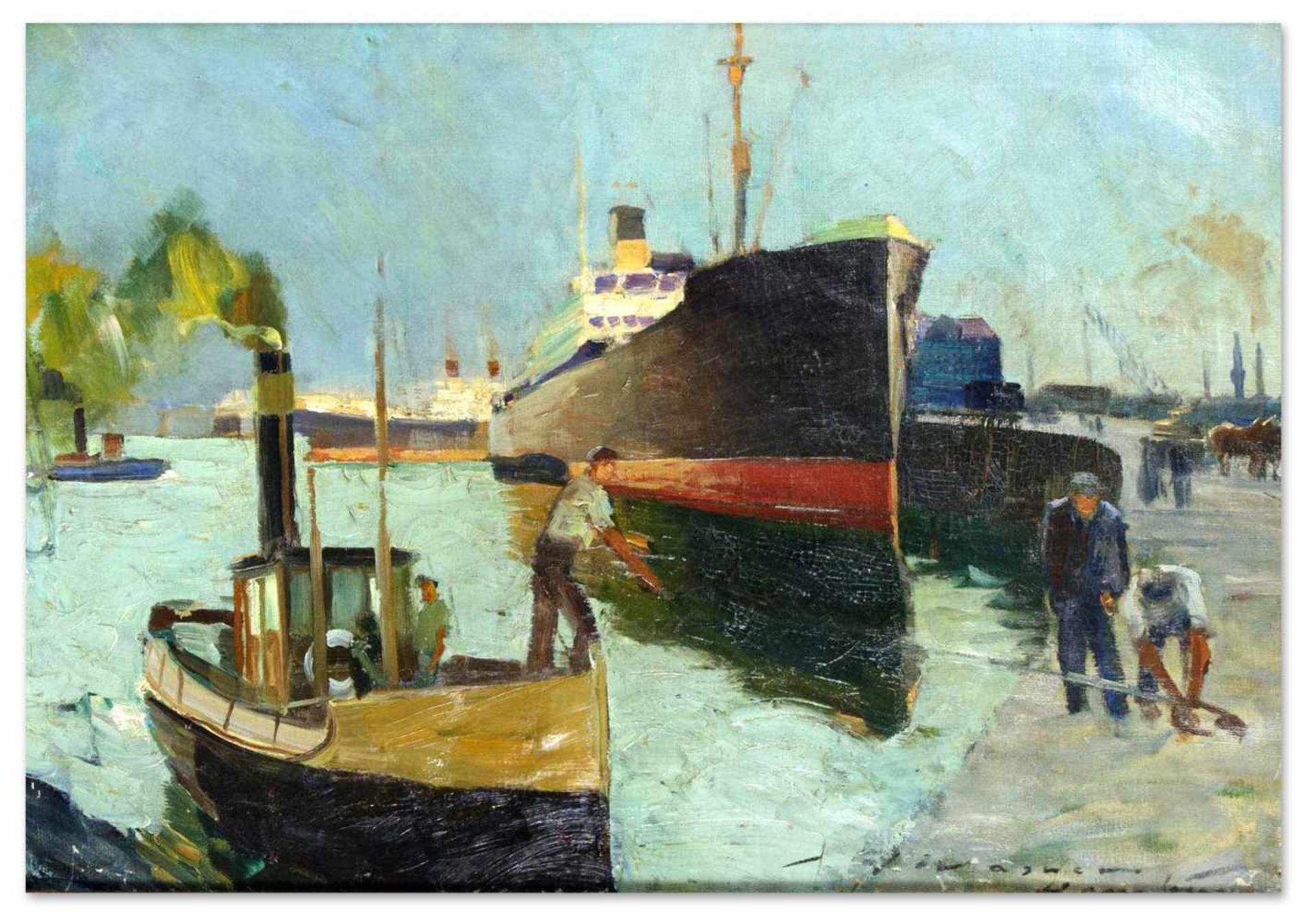 Wasner, Artur. 1887 Mittel-Laczisk - 1938/39 Breslau. Hamburger Hafen. Öl/Lwd., u. re.sign. u.