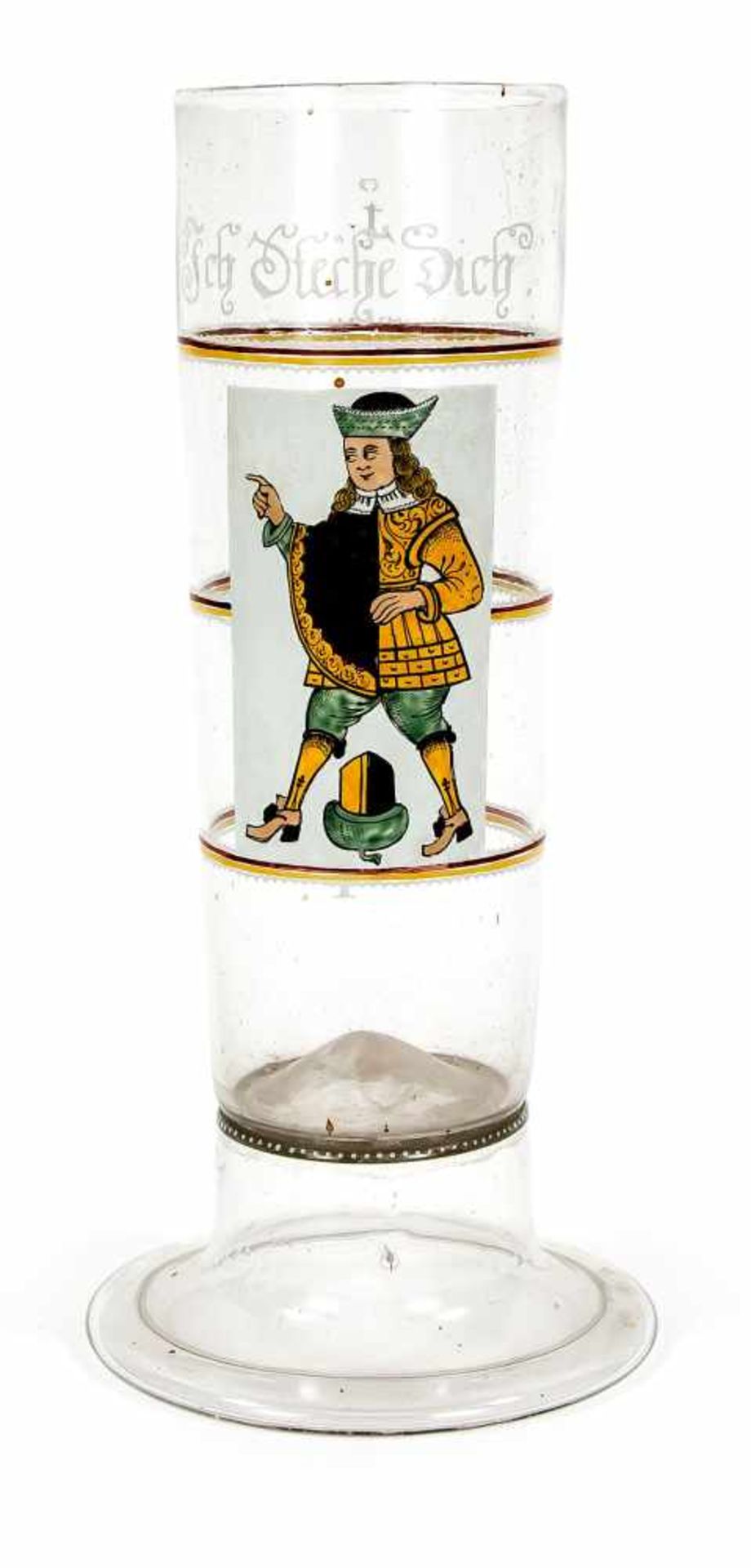 Paßglas mit Spielkartenmotiv. Wohl Sachsen o. Thüringen 1. H. 18. Jh. Farbloses, leichtschlieriges