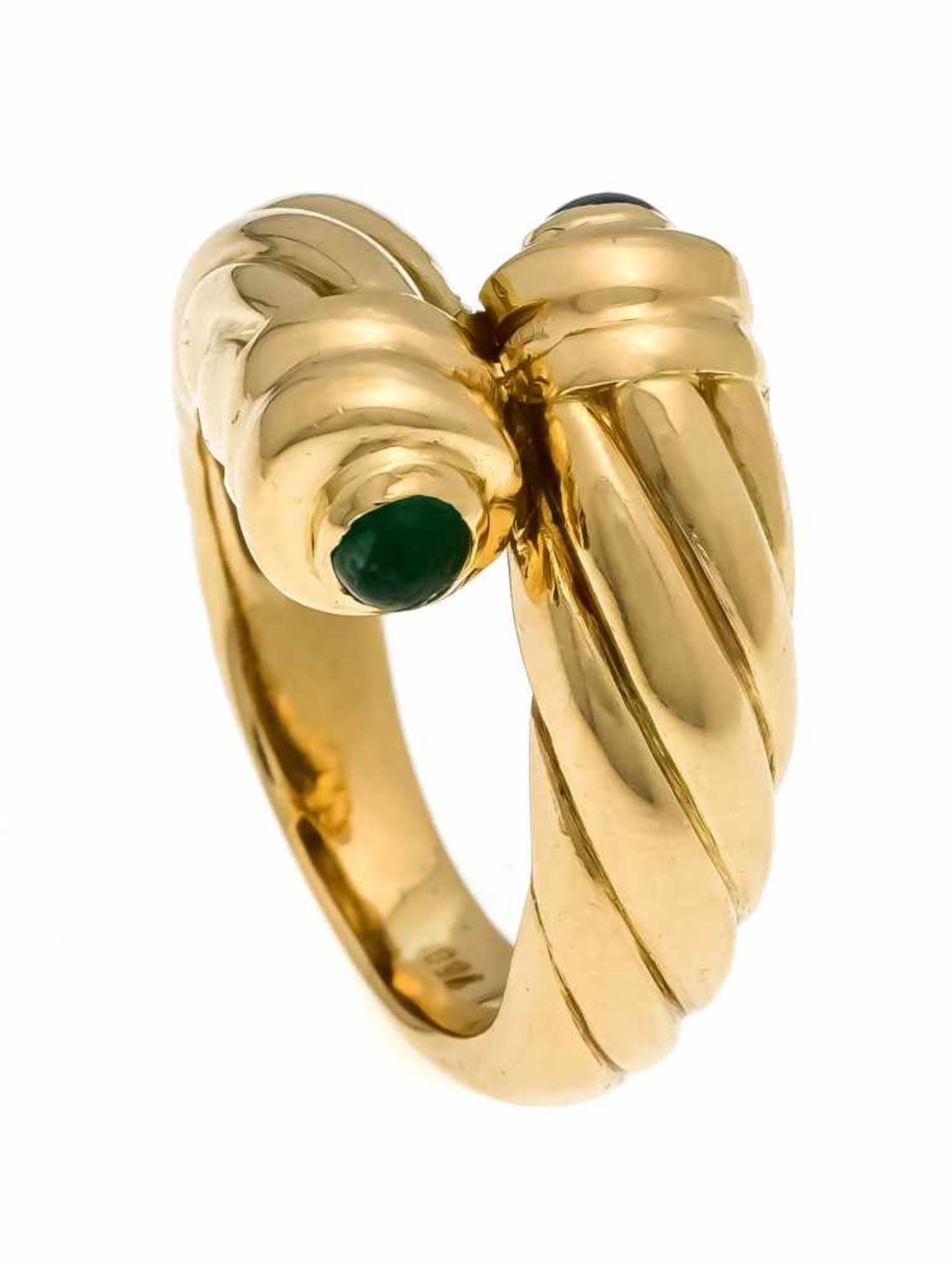 Smaragd-Saphir-Ring GG 750/000 mit je einem runden Smaragd- und Saphir-Cabochon 3,6 mm, RG57, 17,2