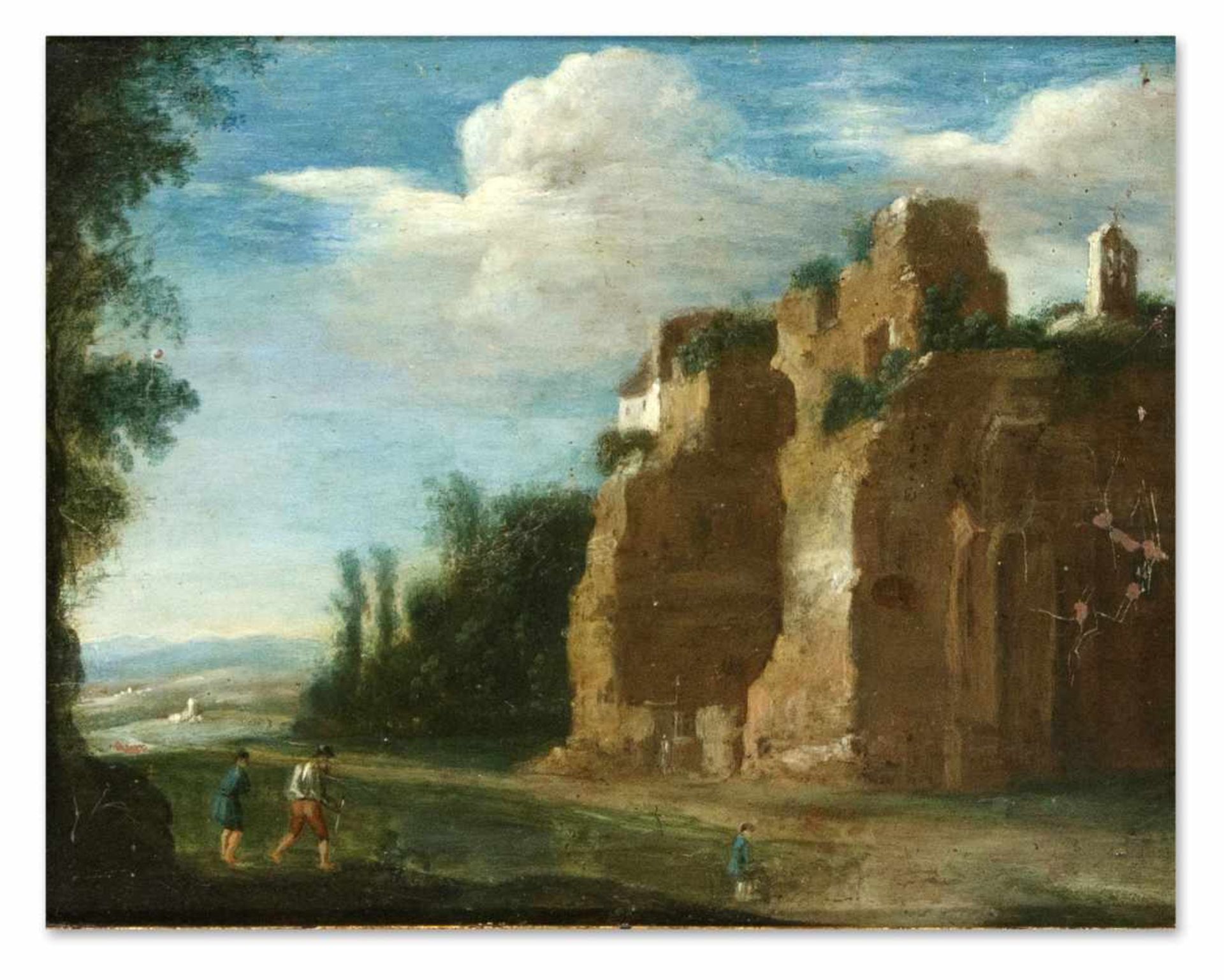 Anonymer Landschaftsmaler um 1800. Felslandschaft mit Wanderern. Öl/Kupfer, unsign., versoauf