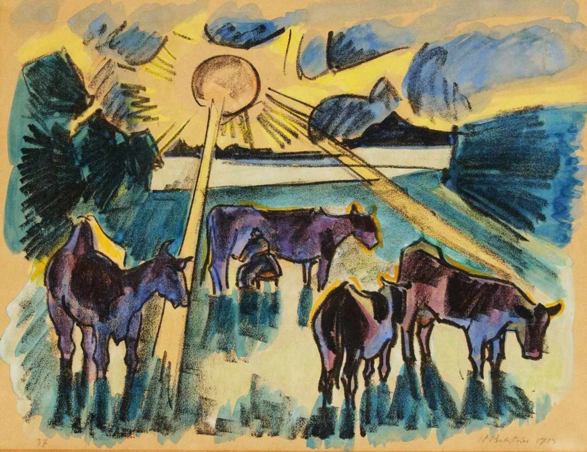 Pechstein, Hermann Max. 1881 Zwickau - 1955 Berlin. Kühe auf der Weide. 1923.Aquarellierte Lith