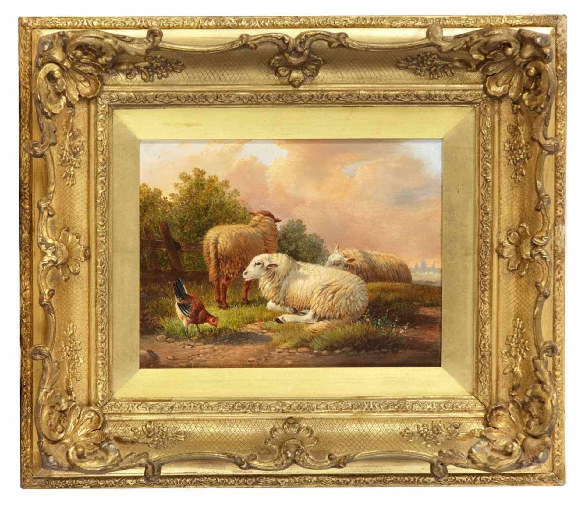 Verboeckhoven, Eugène. 1799 Warneton - 1881 Brüssel. Drei Schafe mit Huhn in Landschaft.Öl/Holz,