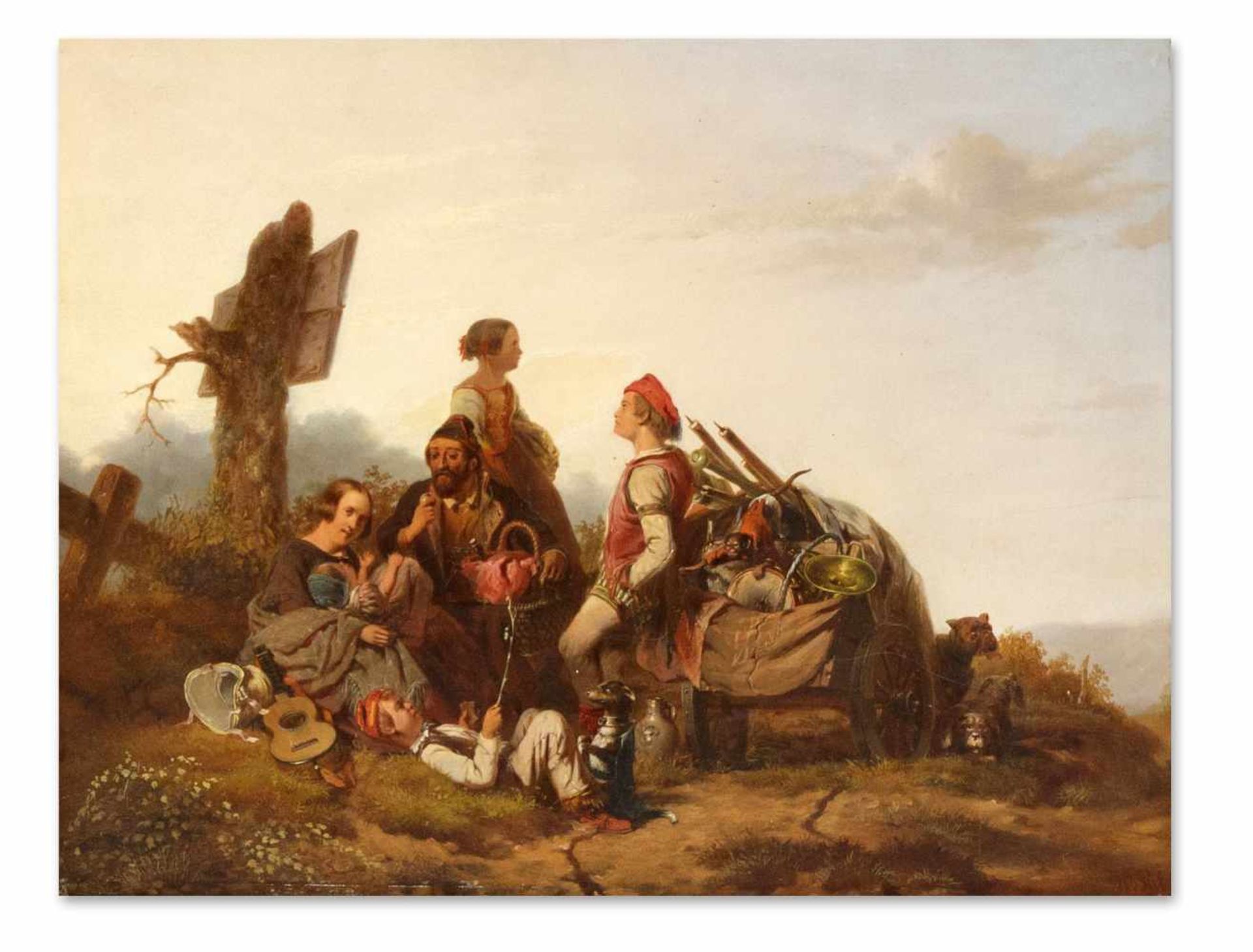 Van der Pijl, Jan. 1822 Goes - 1852 Nieuwer-Amstel. Fahrende Musikerfamilie bei der Rast.Öl/Holz, u.