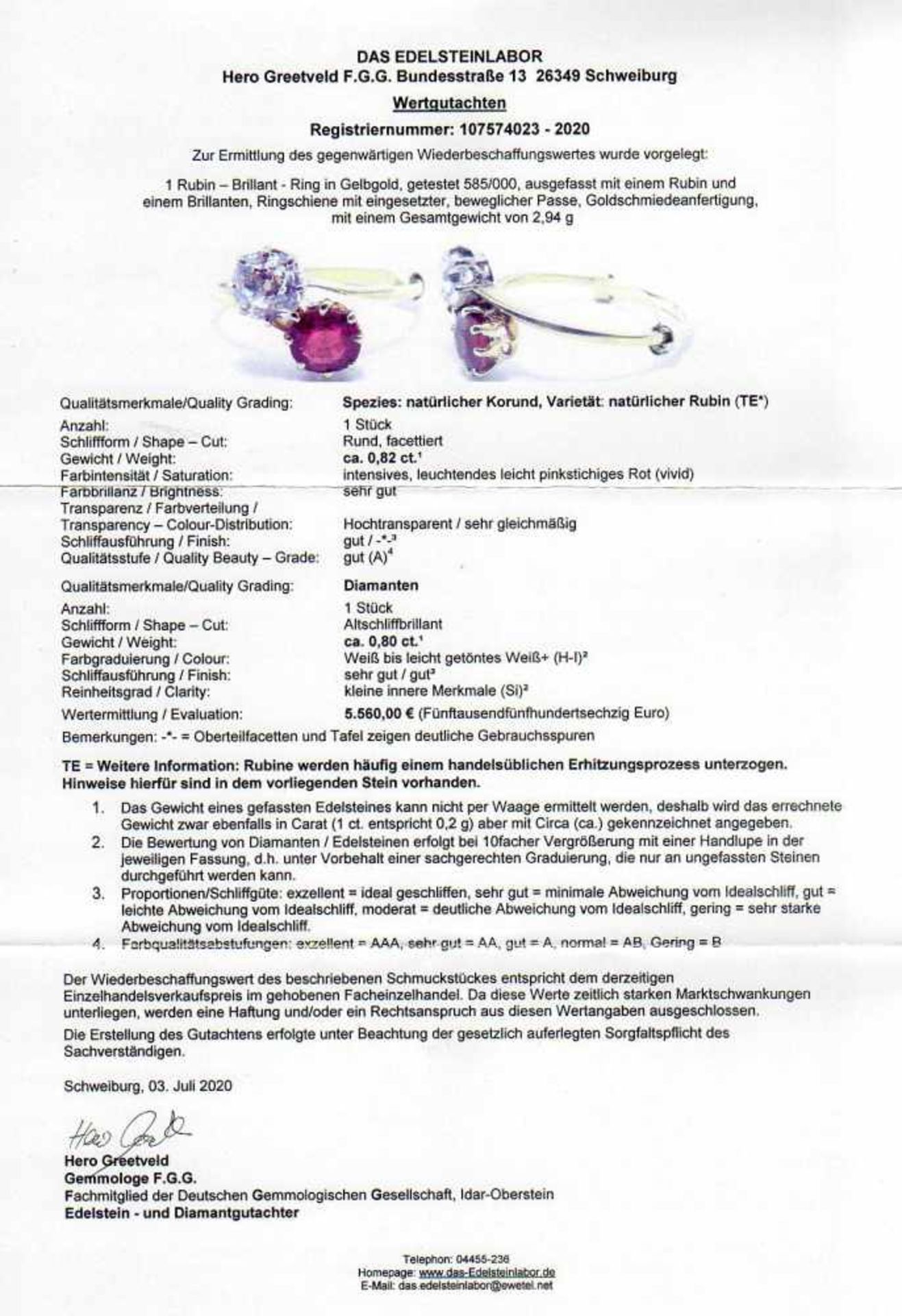 Rubin-Altschliff-Diamant-Ring GG 585/000 mit einem rund fac. Rubin, 0,82 c, in einemleuchtenden - Bild 4 aus 4