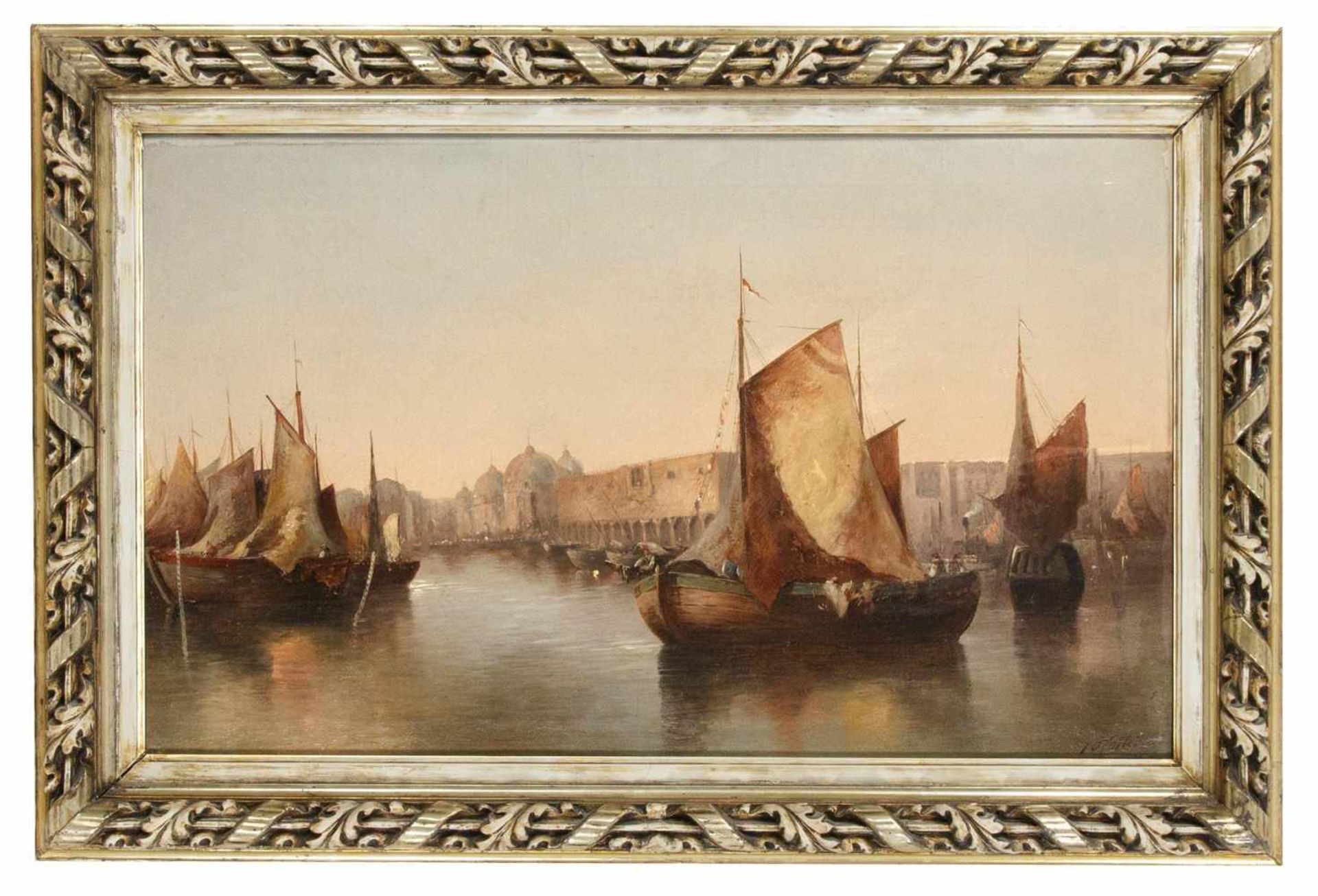 Hottei, J. Maler des ausgehenden 19. Jh. "Fischerbarken an der venetianischen Küste".Öl/Lwd., u. li.