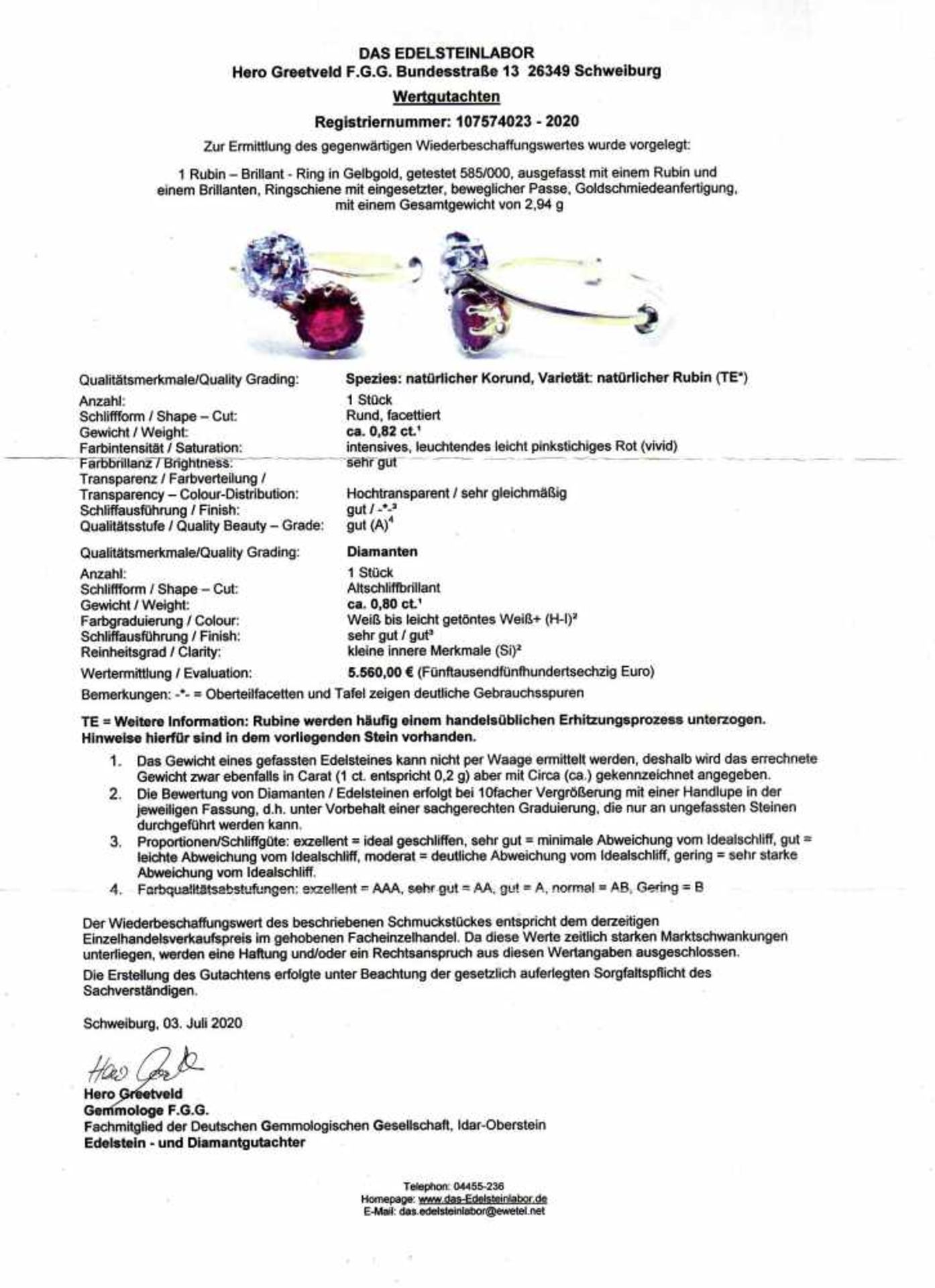 Rubin-Altschliff-Diamant-Ring GG 585/000 mit einem rund fac. Rubin, 0,82 c, in einemleuchtenden - Bild 3 aus 4