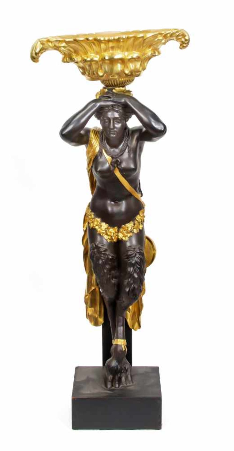 Figur mit Pflanzschale. Frankreich, 19. Jh. Bronze, braun patiniert und teilvergoldet.Große