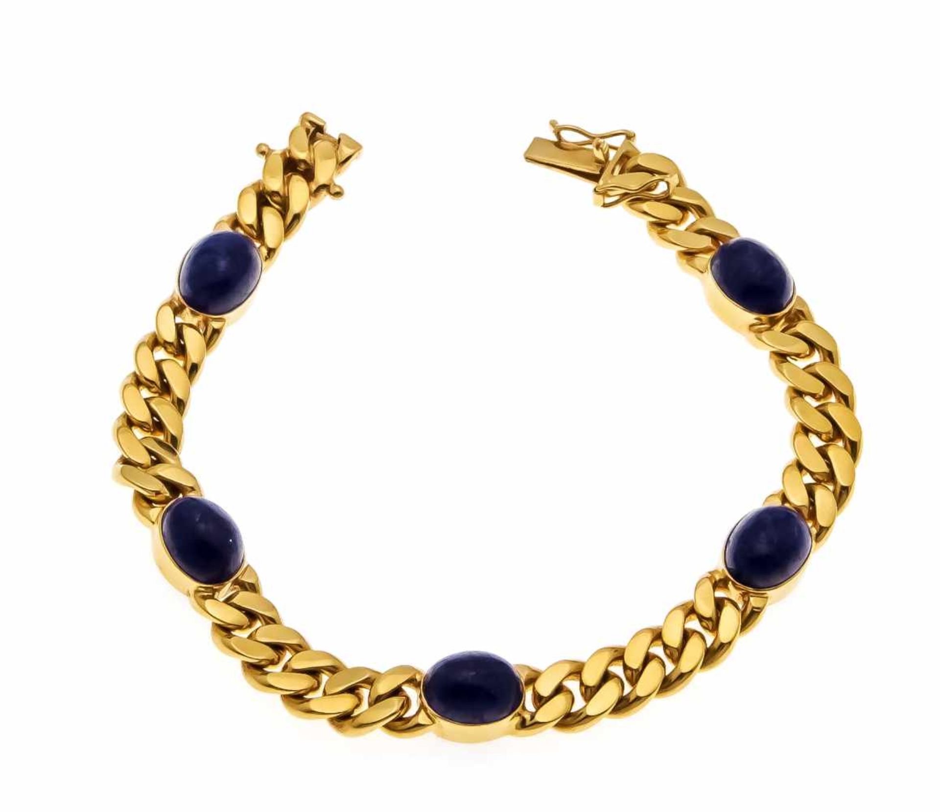 Lapislazuli-Panzerarmband GG 585/000 mit 5 ovalen Lapislazuli-Cabochons 10 x 8 mm,Kastenschließe mit