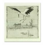 Vogeler, Heinrich. 1872 Bremen - 1942 Kasachstan. "Storch überm Weiher". 1899. Radierungmit