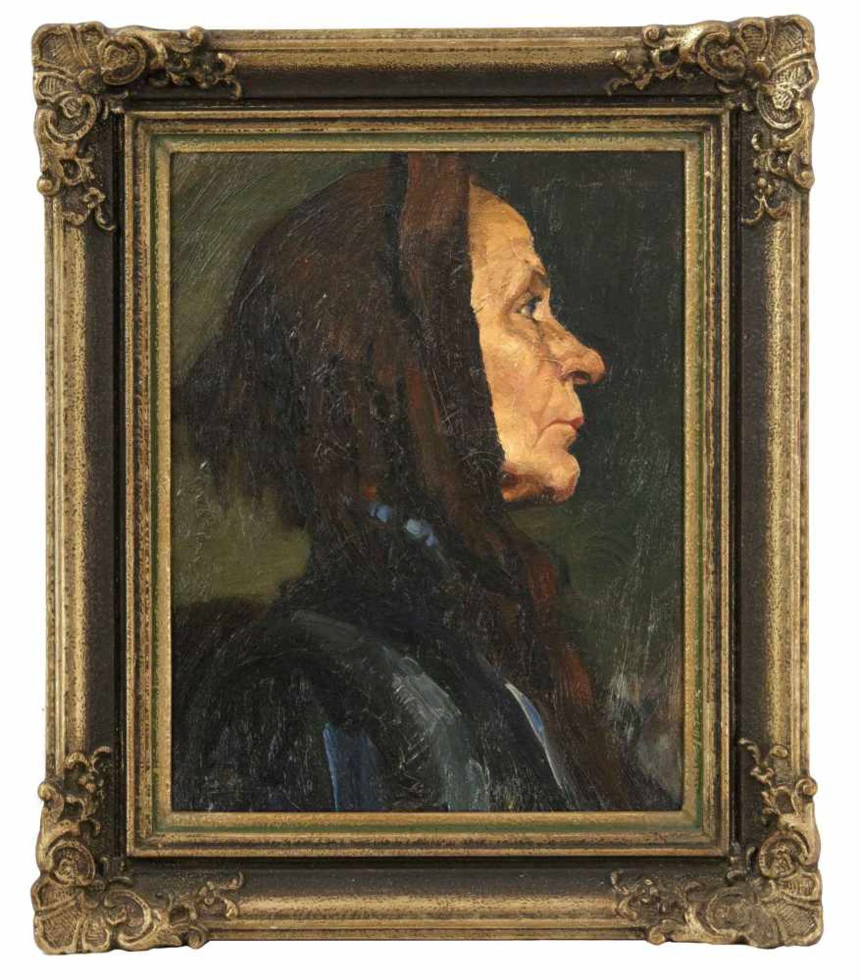 Monogrammist um 1900. Porträt einer Frau mit Kopftuch im Profil. Öl/Holz, pastoserFarbauftrag, u.