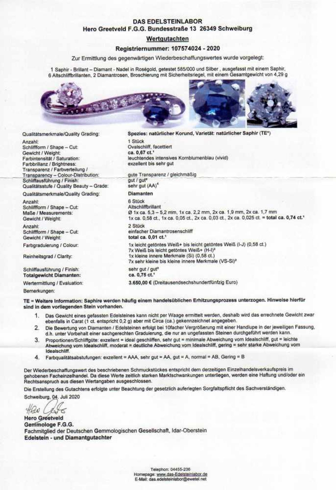 Saphir-Altschliff-Diamant-Nadel RG 585/000 und Silber mit einem oval fac. Saphir 0,67 ct,in einem - Bild 3 aus 3