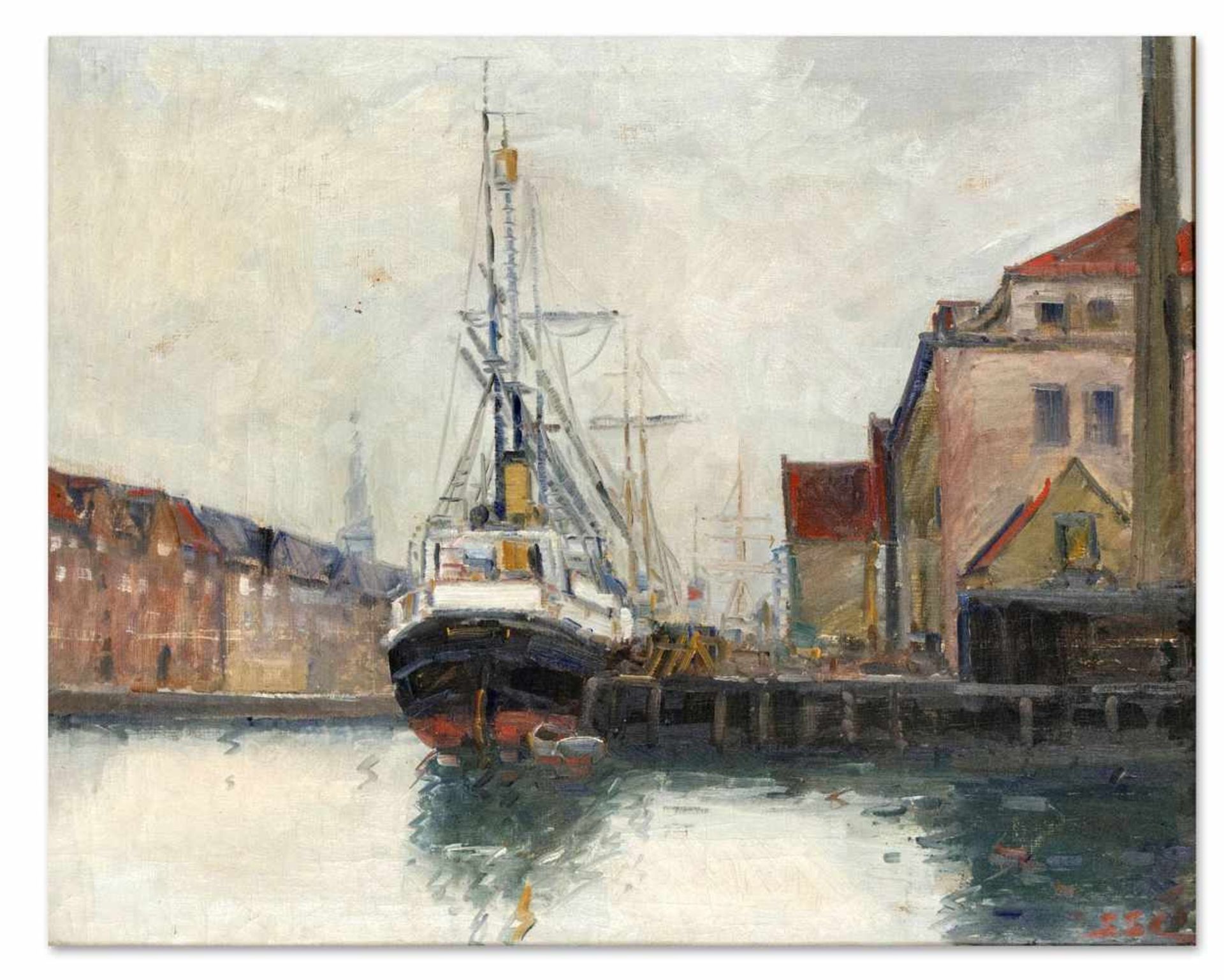 Marinemaler um 1900. Dampfsegler im Hafen. Öl/Lwd., u. re. monogr. SSL, 47 x 58 cm, ger.58 x 69,7