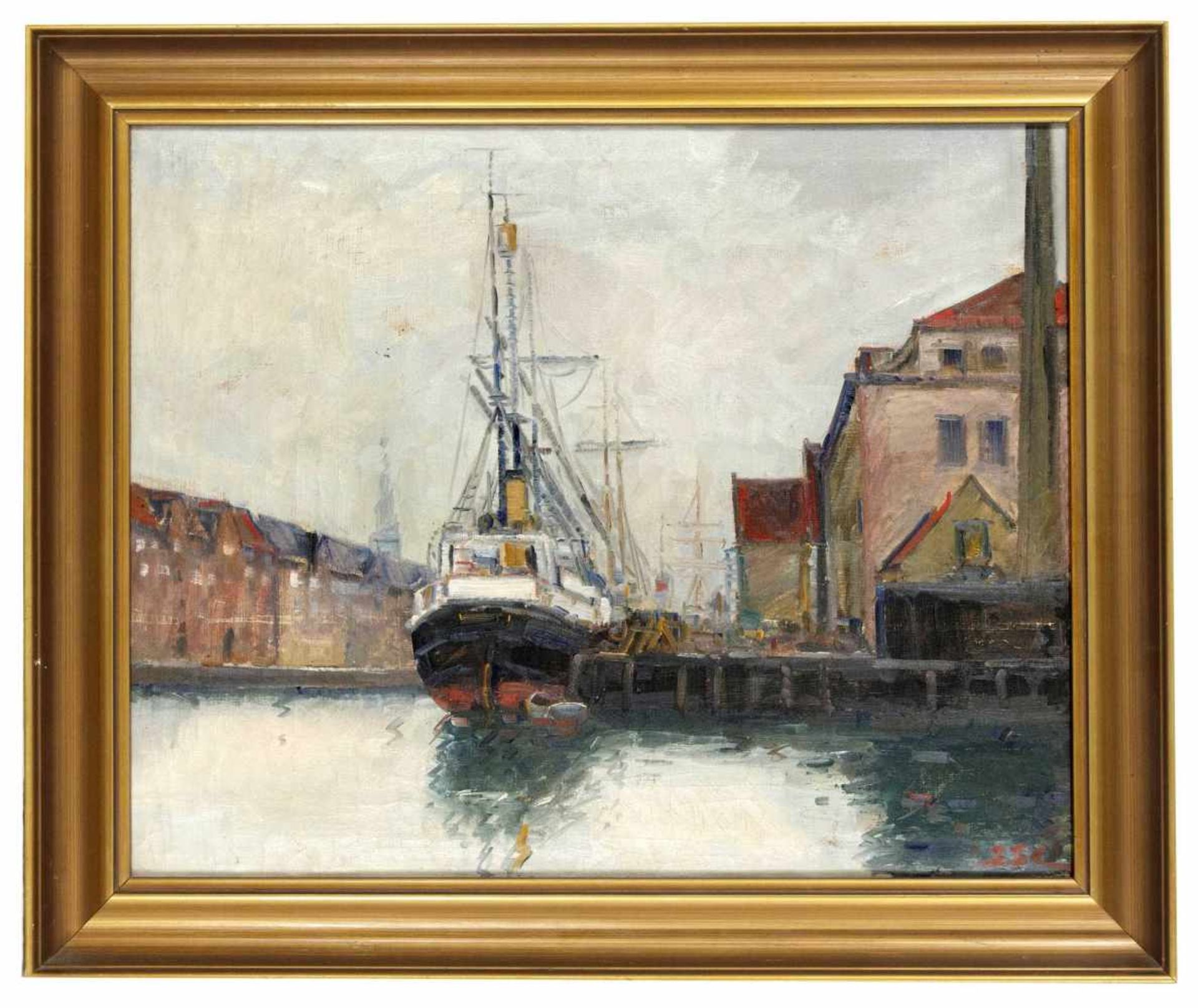 Marinemaler um 1900. Dampfsegler im Hafen. Öl/Lwd., u. re. monogr. SSL, 47 x 58 cm, ger.58 x 69,7 - Bild 2 aus 2