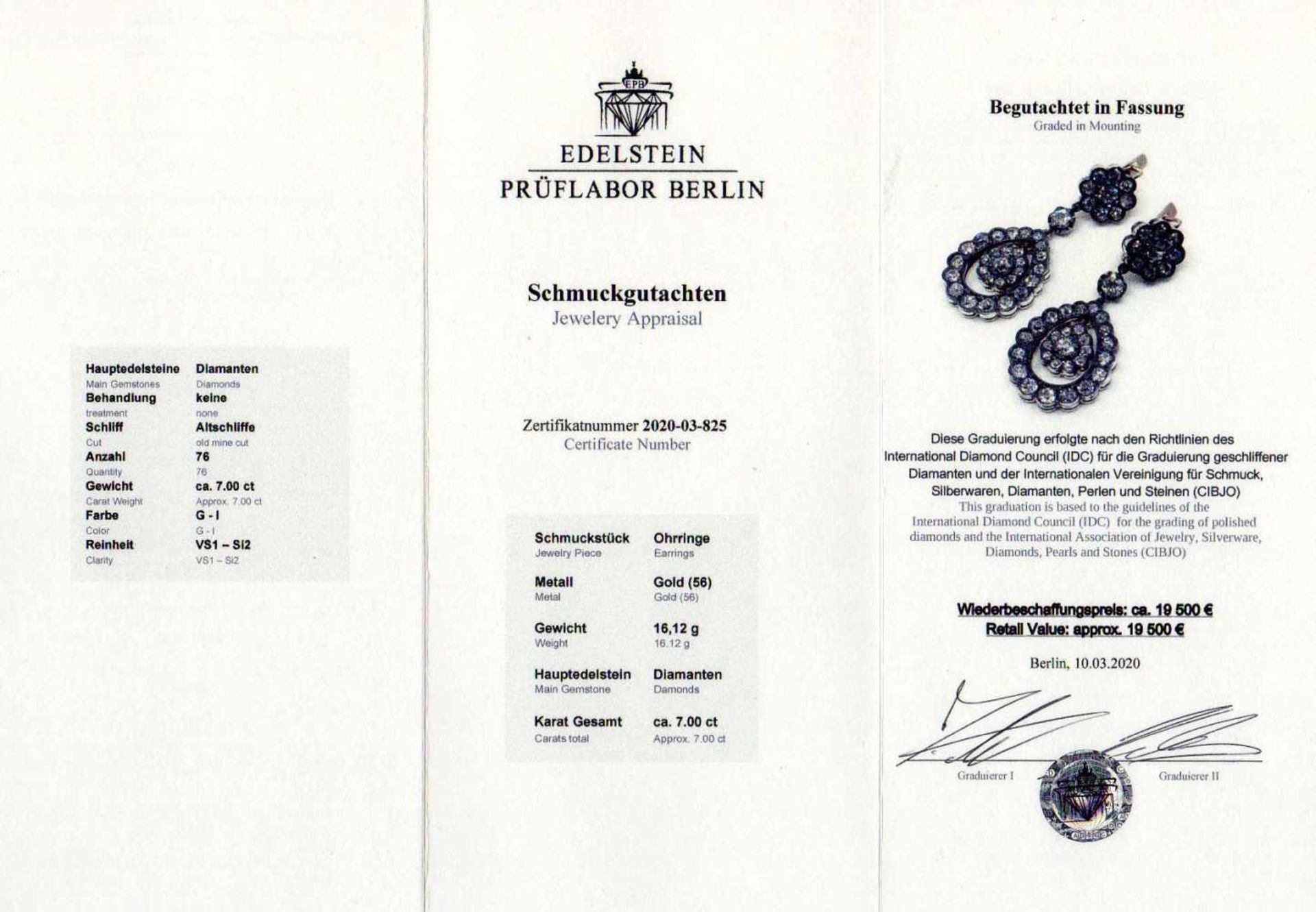 Altschliff-Diamant-Ohrringe RG 585/000 (Russland 56 punziert) mit 76 Altschliff-Diamanten,zus. 7,0 - Bild 2 aus 2