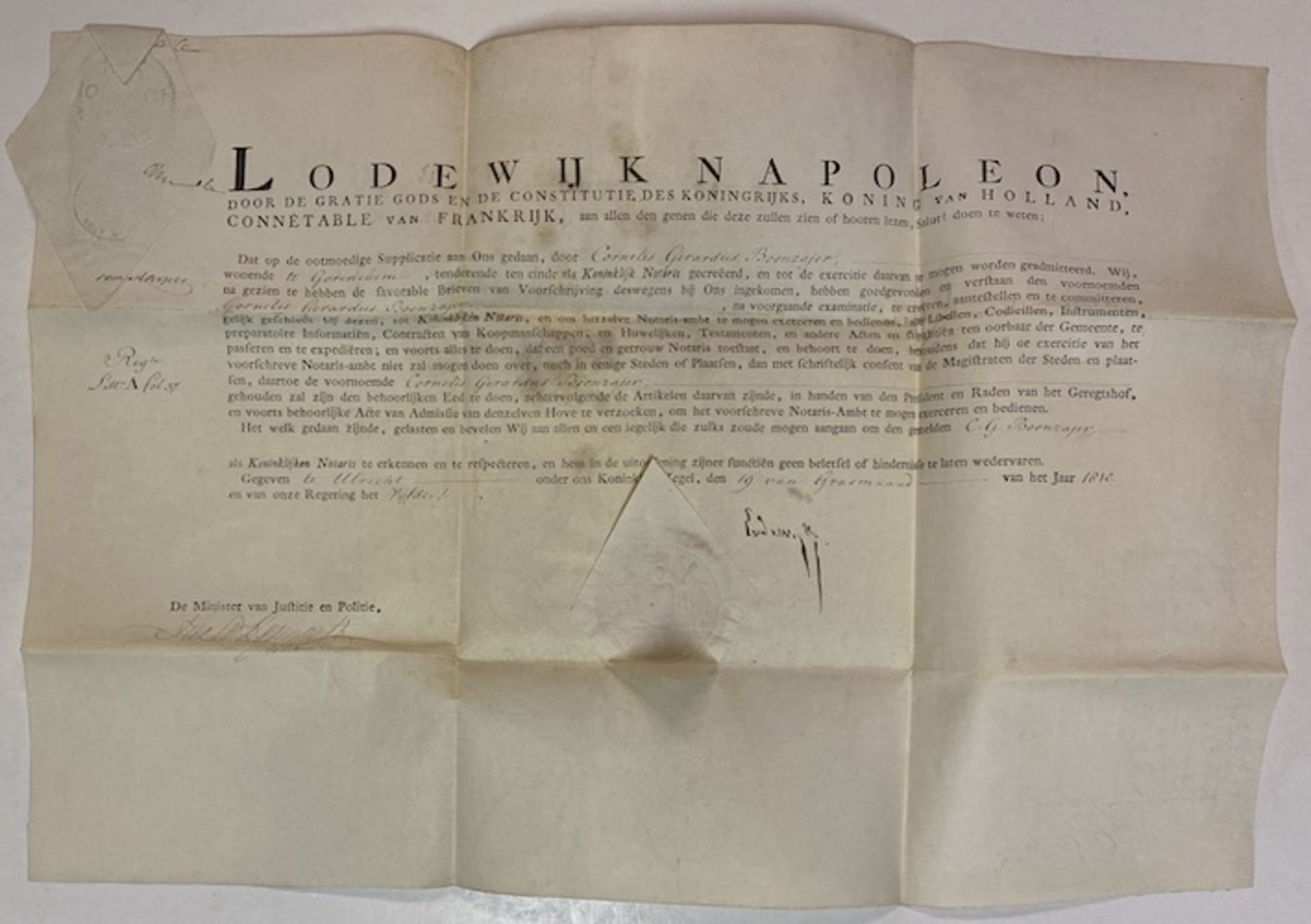 NAPOLEON -- OFFICIAL ROYAL DOCUMENT, serving as a licencse to exercise the notary's office, for