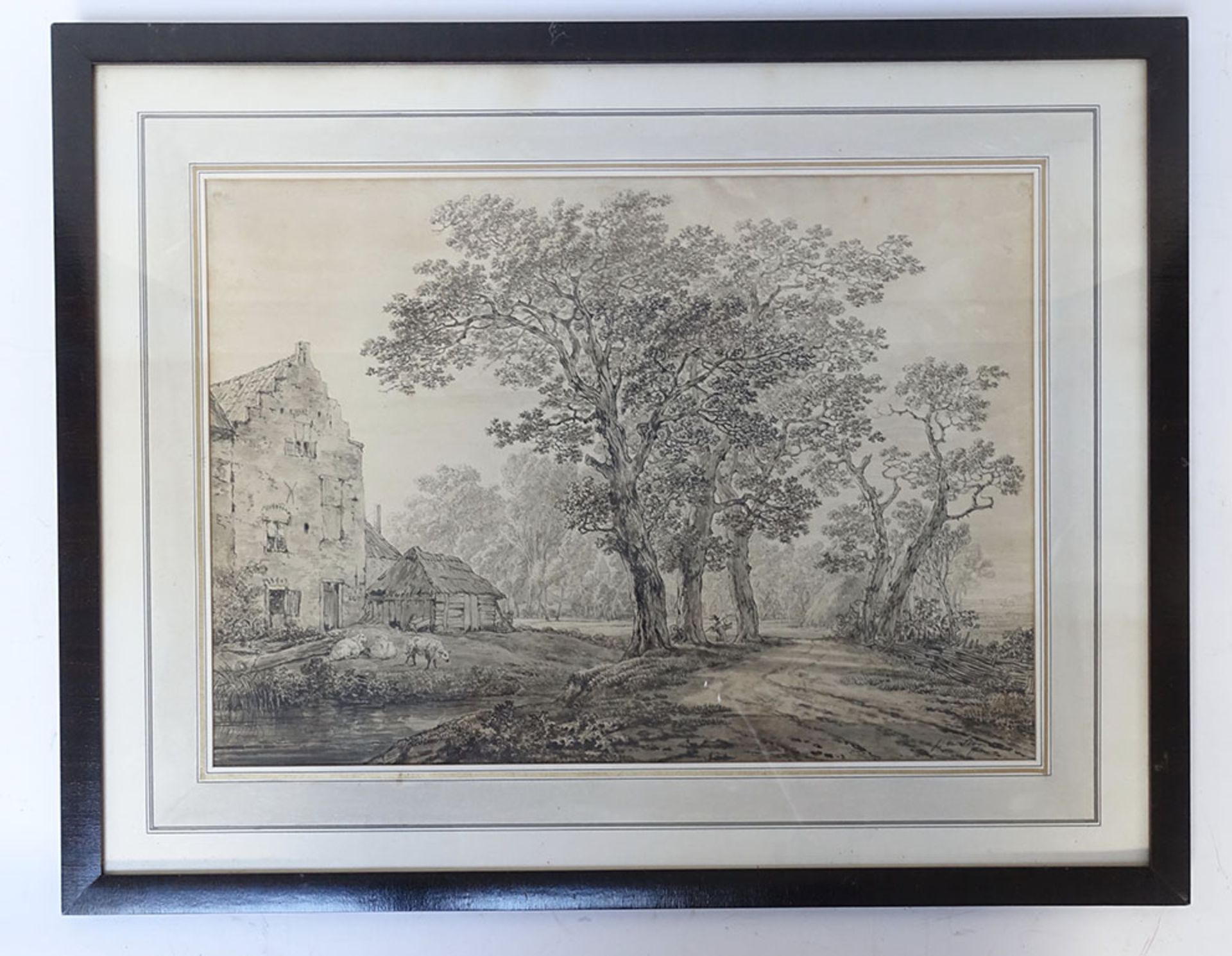 STRIJ, Jacob van (1756-1815). (Farmhouse and sheep in a tree-rich landscape). N.d. Watercolour.